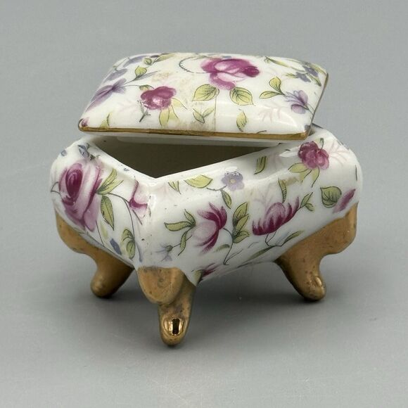 Vtg Footed Rectangle Trinket Box Lid Floral Vanity Glam Victorian Porcelain B141 - Picture 1 of 13